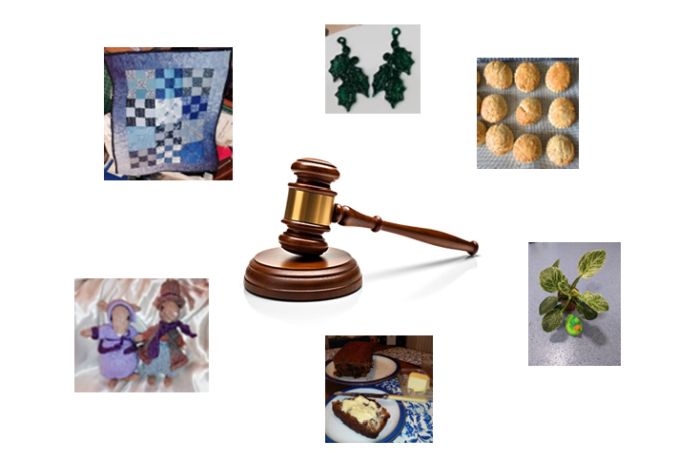 An image of a gavel with six smaller images around it - a patchwork quilt; holly-shaped earrings; cheese scones; two knitted toys; a tea loaf and a pot plant.