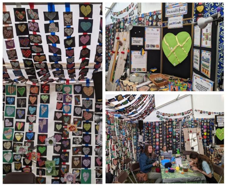 Three images showing the URC tent at Greenbelt decorated with kintsugi-style paper hearts