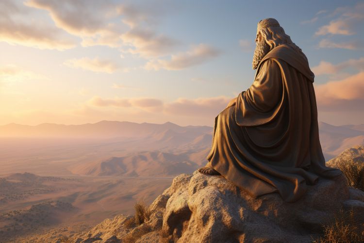 An illustration of Moses sitting on top of a mountain looking down