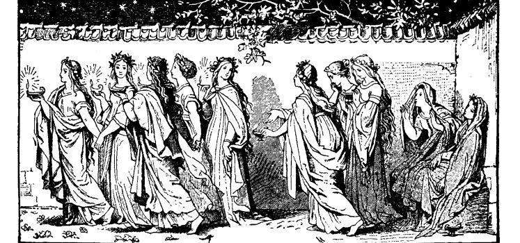 An illustration of the five wise virgins taking their lamps and five foolish virgins without lamps.