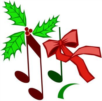 A clip-art image of a music notes topped by holly and a red bow