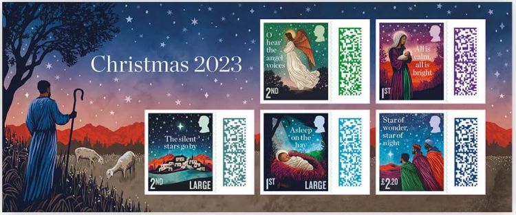 Christmas stamps for 2023 with images depicting Christmas carols