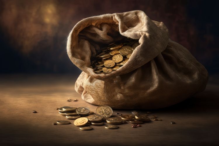 Gold coins in a sack spilling out on to a wooden floor
