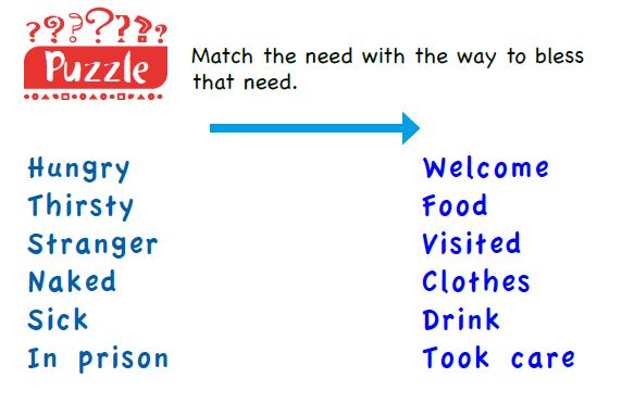 A puzzle to match a word representing a need on one side with a word representing the way to bless that need on the other. The words on the left side are “hungry, thirsty, stranger, naked, sick and in prison.” The words on the right side are “welcome, food, visited, clothes, drink, took care.”