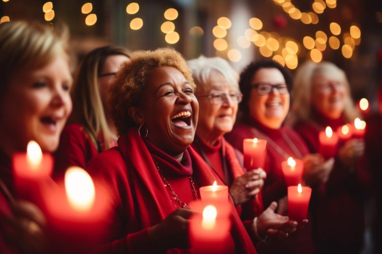 Several women wearing red singing in a choir whilest holding lit candles