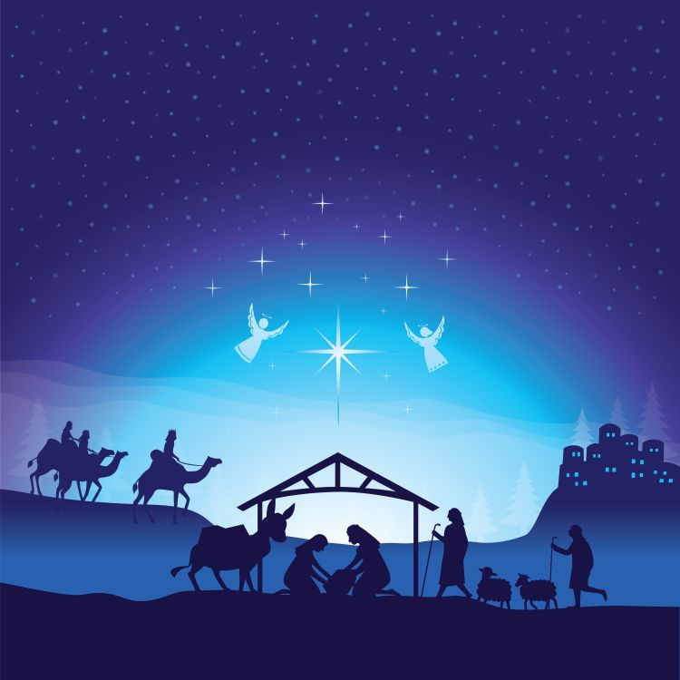 A silhouetted image of the Nativity scene with the three wise men approaching and shepherds kneeling. on a deep blue background There are three white angels in the sky above the stable
