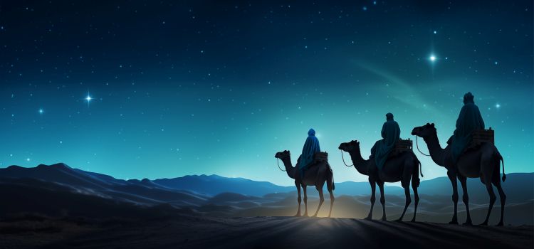 Silhouette of Three wise men riding a camels against a starry sky