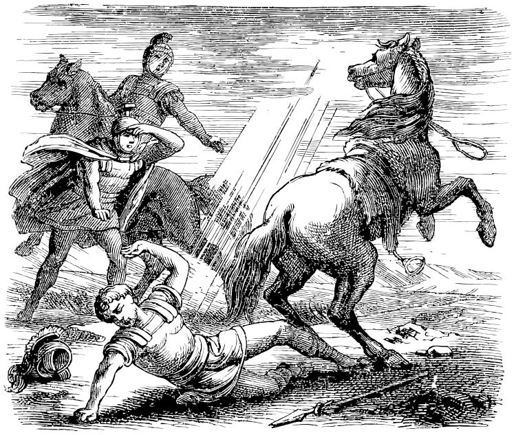 An illustration of Saul's conversion showing Saul falling off his horse as a bright light streams out from the sky