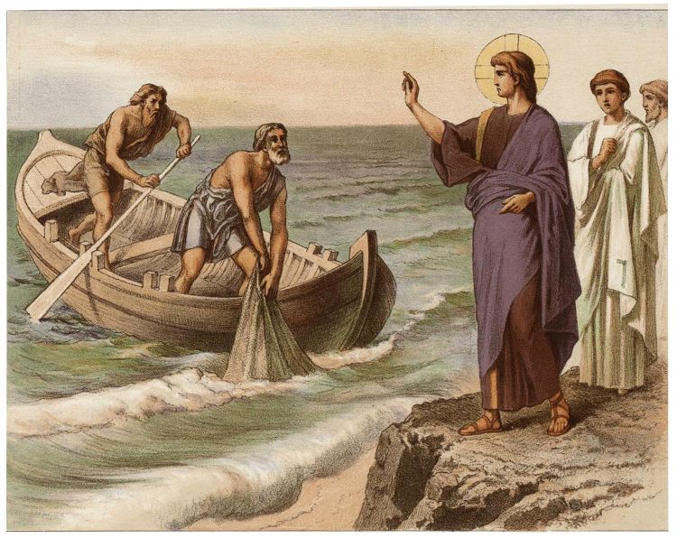 An illustration of Jesus calling the first disciples who are fishing on the lake