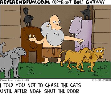 A cartoon showing a cross-looking Noah pointing at two dogs who are leaving the Ark. The caption reads "I told you not to chase the cats until after Noah shut the door."