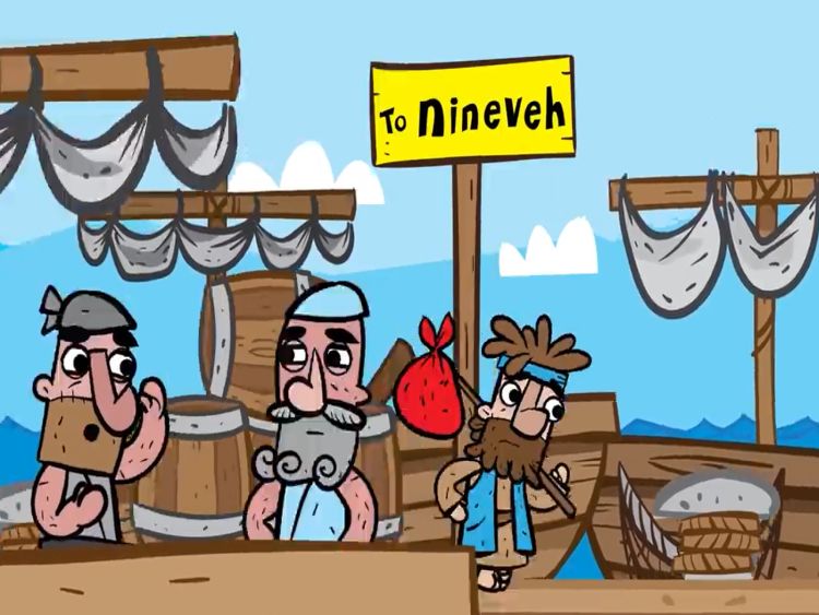 A cartoon image of Jonah walking past a ship bound for Ninevah