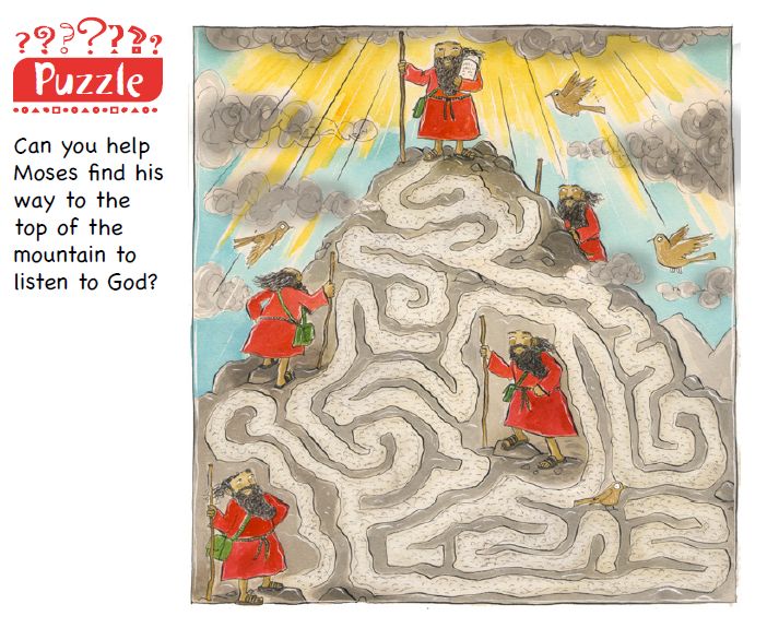 A maze puzzle with a picture of Moses standing at the top of the mountain with a maze of paths to guide him down the mountain. 