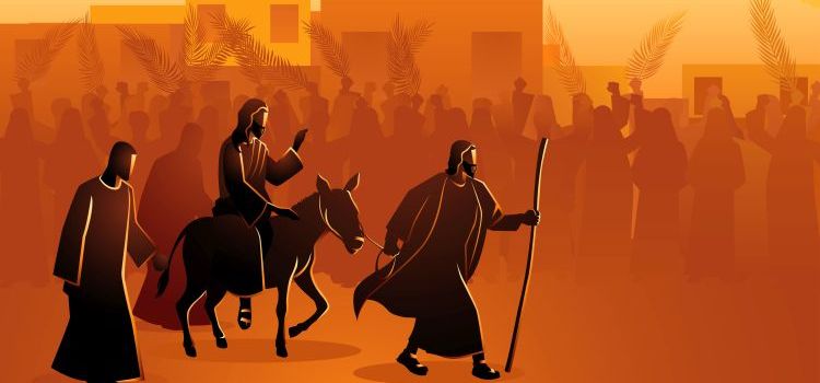An illustration depicting Jesus riding into Jerusalem on a colt