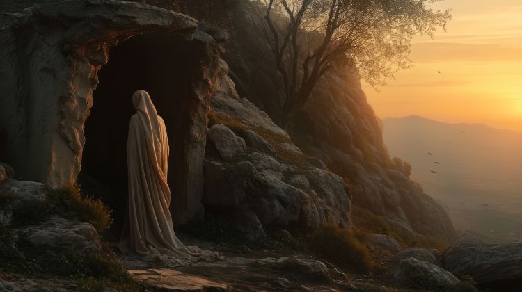 An illustration depicting Mary Magdalene at the empty tomb