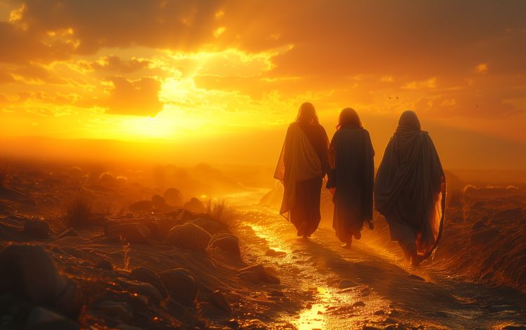 An illustration depicting Jesus walking with the two disciples on the road to Emmaus
