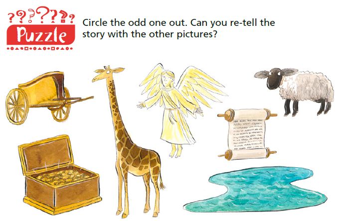 A 'odd-one-out' puzzle with images of a chariot, a treasure chest, a giraffe, an angel, a scroll, a sheep and a lake.