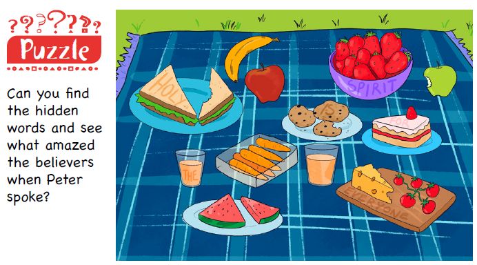 A picture of food on a picnic blanket with hidden words on some of the items