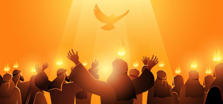 An illustration depicting the disciples silhouetted against an orange background with tongues of fire on their heads and a dove flying above