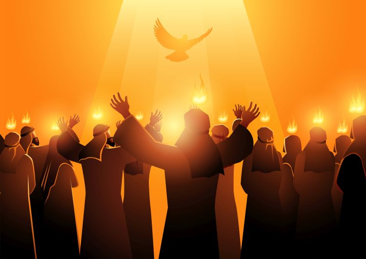 An illustration depicting the disciples silhouetted against an orange background with tongues of fire on their heads and a dove flying above