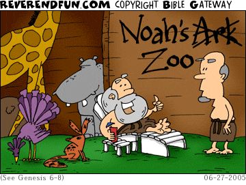 A cartoon of Noah sitting at the entrance to the ark with animals behind and a person standing in front. On the wall of the ark 'Noah's Ark' is crossed out to read 'Noah's Zoo'