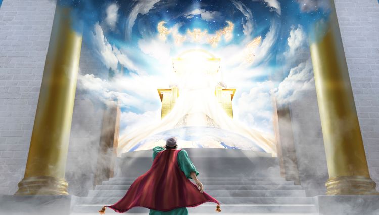 An image depicting Isaiah's vision in the temple with the seraphim flying overhead