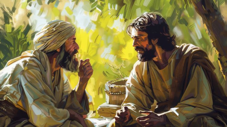 An illustration depicting Jesus and Nicodemus talking together