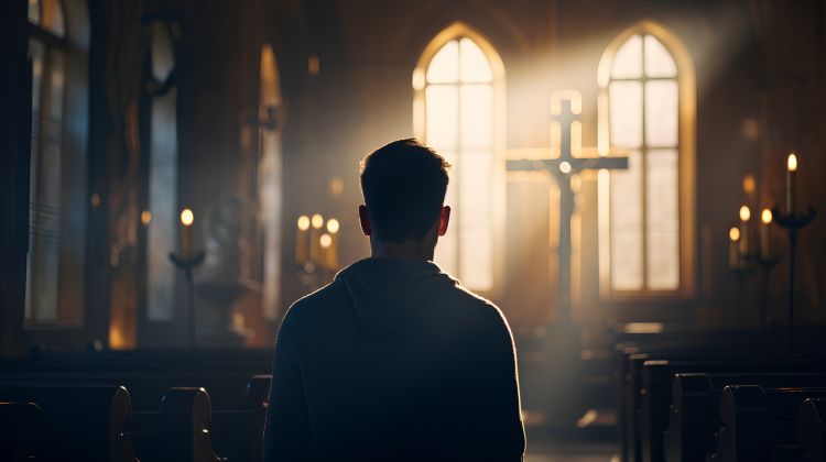 A man looking towards a cross in a church building
