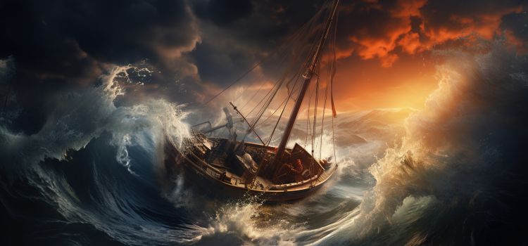 An illustration of a boat on a stormy sea