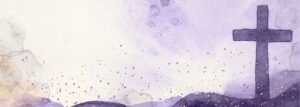 A purple cross on a purple watercolour background